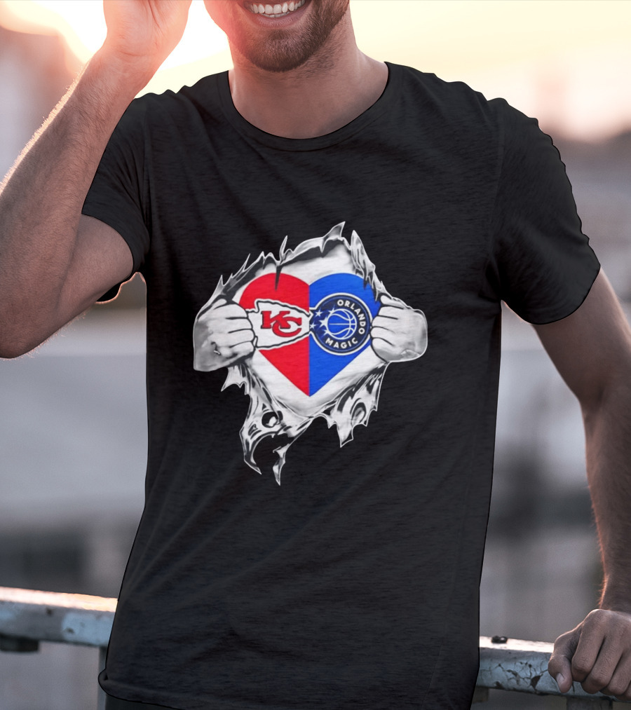Kansas City Chiefs And Orlando Magic Heart Tear Open T-Shirt