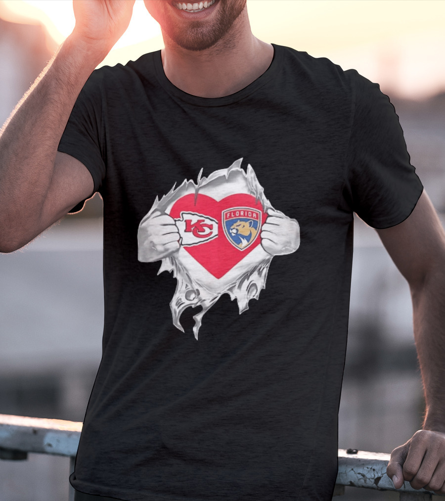KC Chiefs Florida Panthers Heart Ripped Chest Kansas City NFL Florida NHL Fans T-Shirt