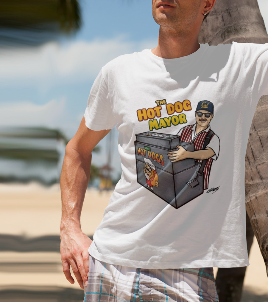 The Hot Dog Mayor Vendor With Cal Hat And Hot Dogs Cart T-Shirt