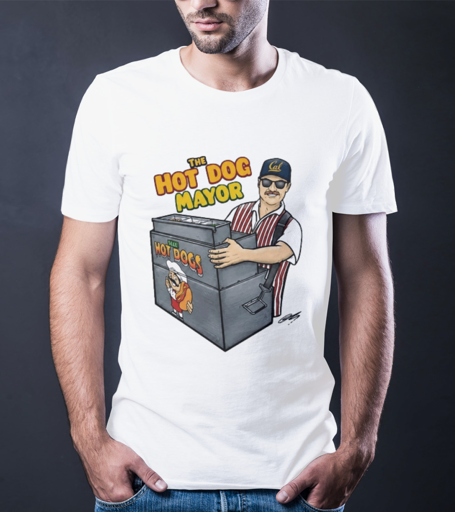 The Hot Dog Mayor Vendor With Cal Hat And Hot Dogs Cart T-Shirt