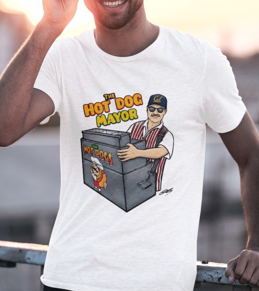 The Hot Dog Mayor Vendor With Cal Hat And Hot Dogs Cart T-Shirt