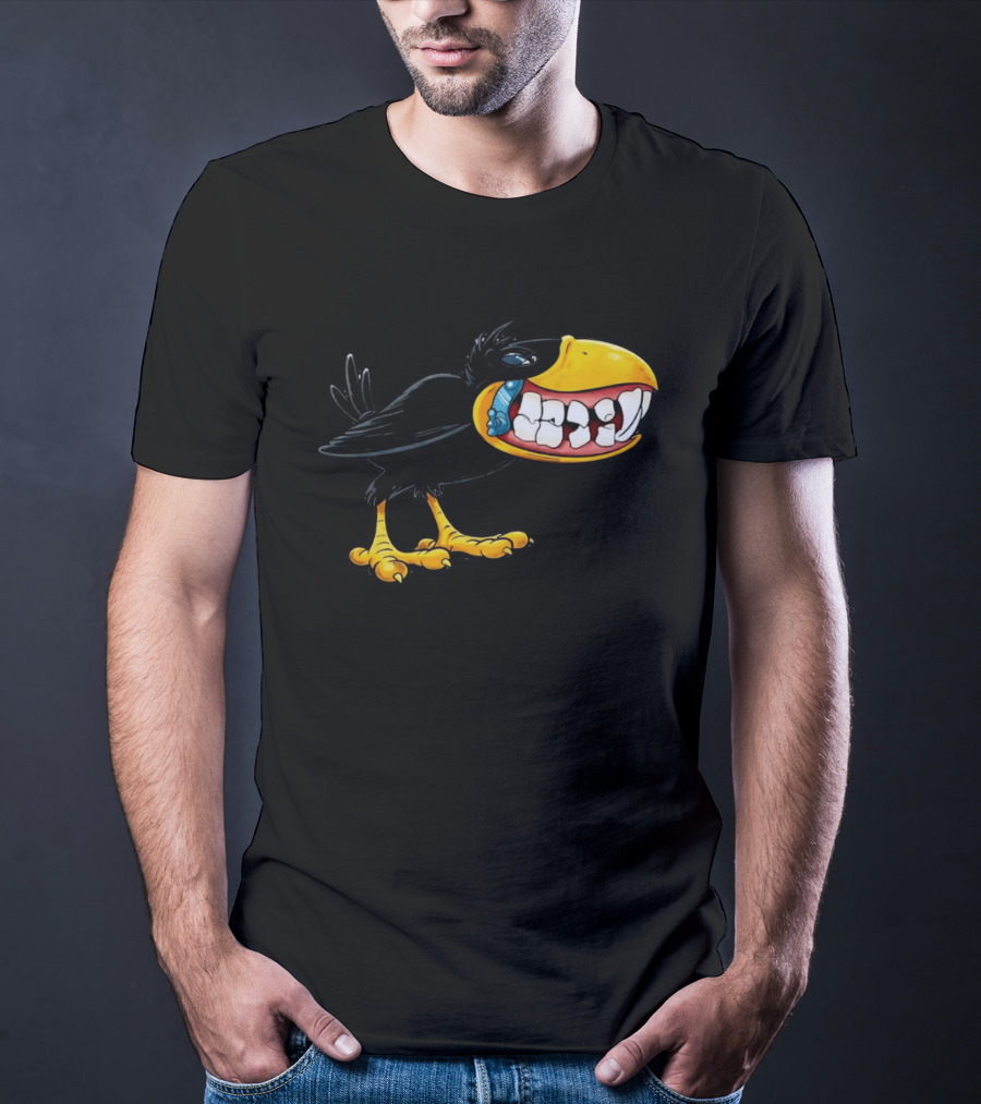 Crow With Huge Teeth Cartoon Blue Phone Green T-Shirt