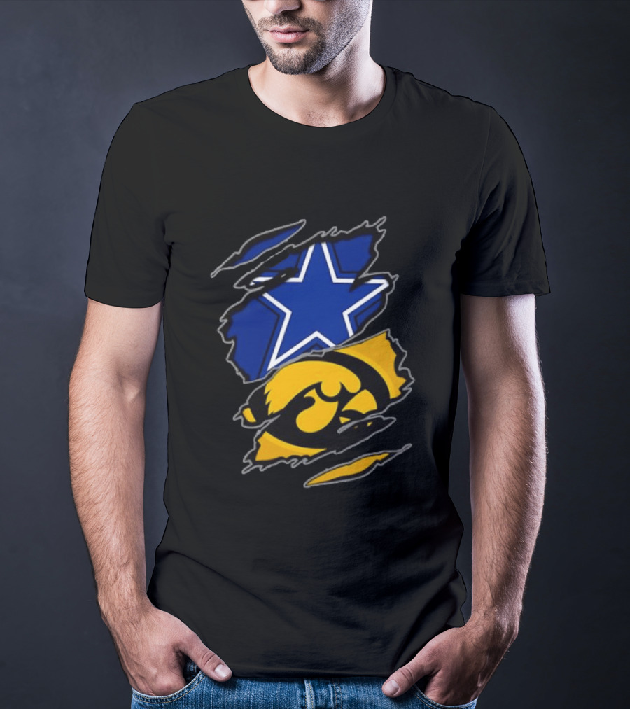 Dallas Cowboys Star And Iowa Hawkeyes Ripped Logo Sports Fan Gear T-Shirt