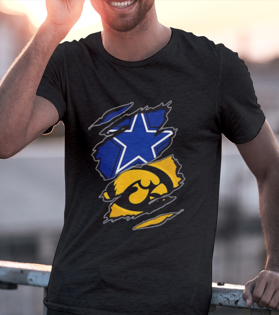 Dallas Cowboys Star And Iowa Hawkeyes Ripped Logo Sports Fan Gear T-Shirt