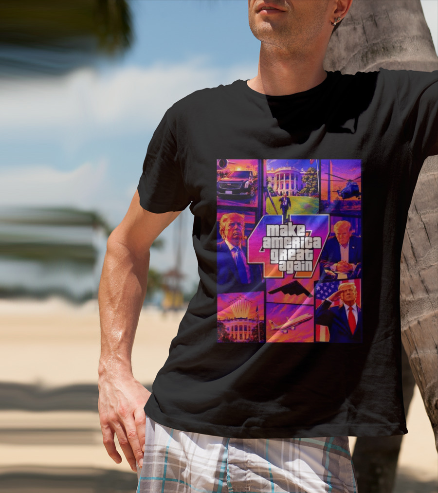 Make America Great Again GTA 47 Parody Trump White House Military Aircraft Montage T-Shirt