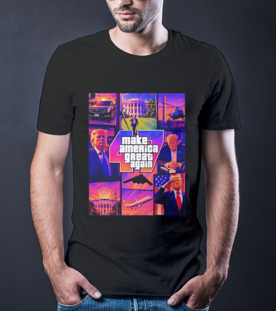 Make America Great Again GTA 47 Parody Trump White House Military Aircraft Montage T-Shirt