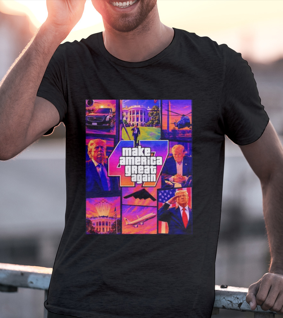 Make America Great Again GTA 47 Parody Trump White House Military Aircraft Montage T-Shirt