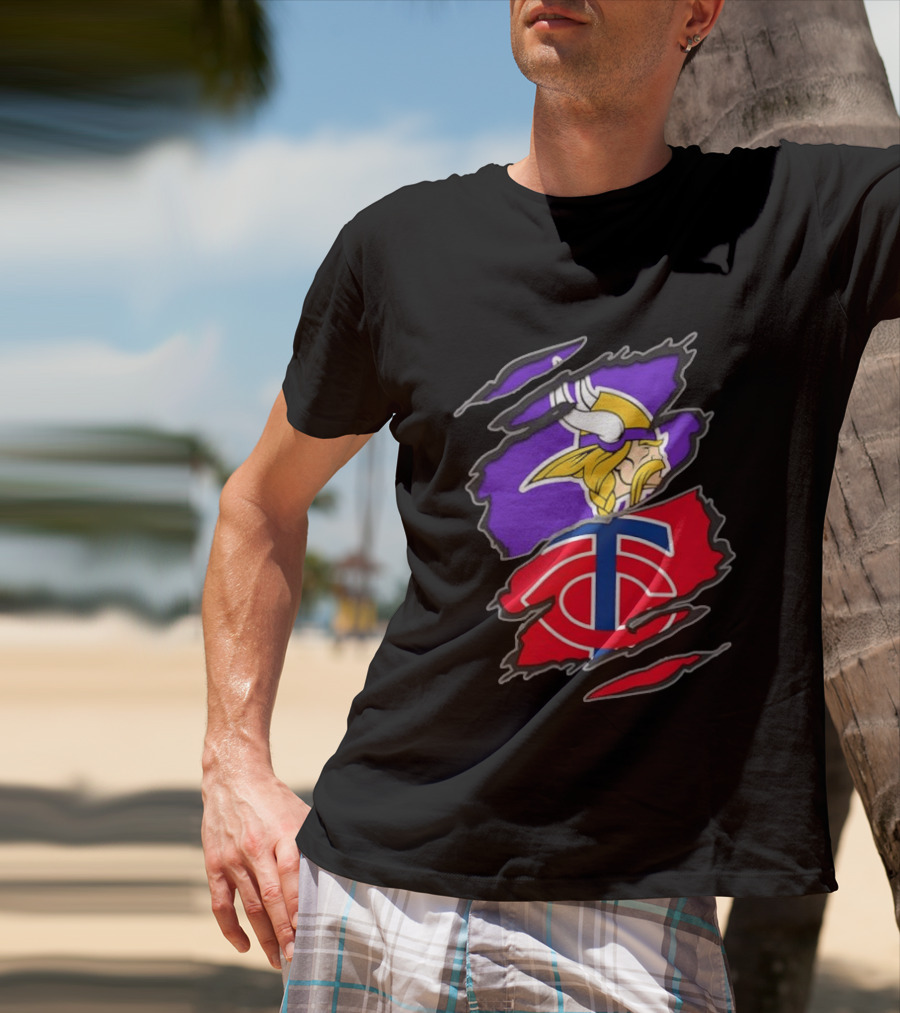 Minnesota Vikings Minnesota Twins Iconic Team Collaboration Ripped T-Shirt