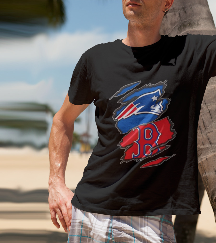 Patriots Red Sox Ripped Design New England Boston Sports Fan T-Shirt