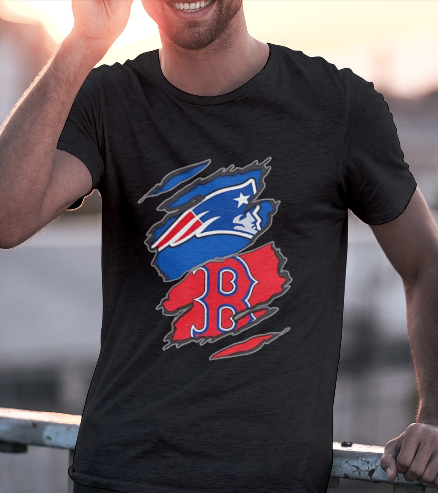 Patriots Red Sox Ripped Design New England Boston Sports Fan T-Shirt