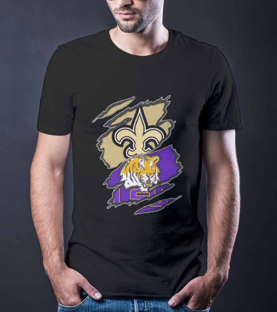 New Orleans Saints LSU Tigers Football Louisiana Logos Ripped T-Shirt