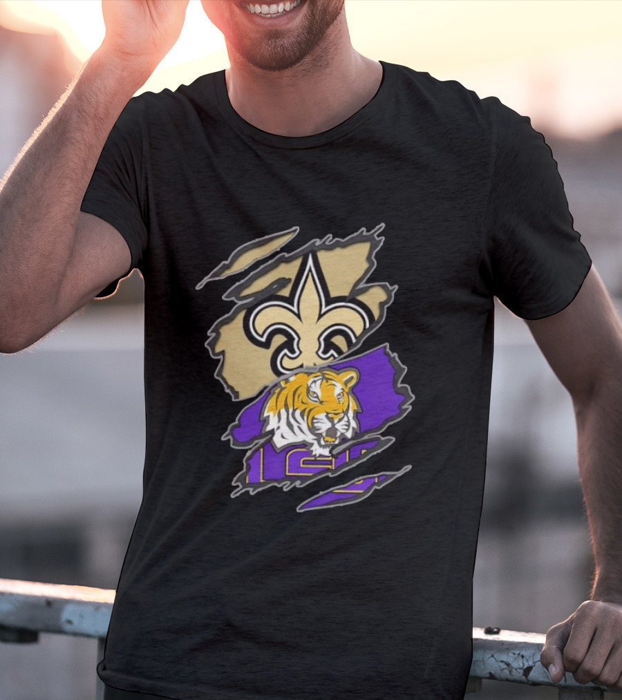 New Orleans Saints LSU Tigers Football Louisiana Logos Ripped T-Shirt