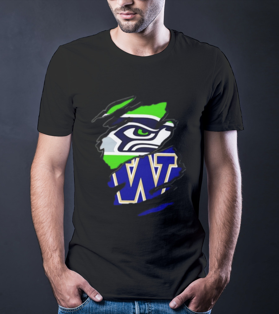Seattle Seahawks Washington Huskies Ripped Through Logos T-Shirt