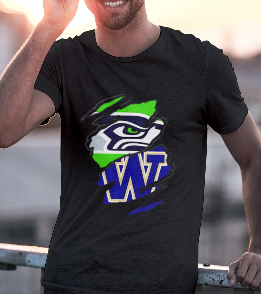 Seattle Seahawks Washington Huskies Ripped Through Logos T-Shirt