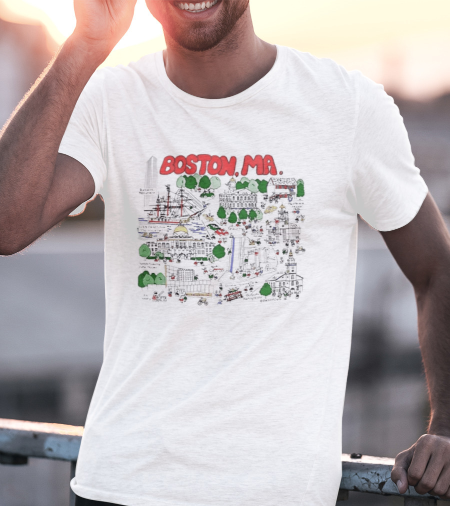 Boston MA Map Bunker Hill Monument USS Constitution State House T-Shirt