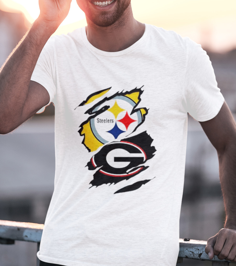 Pittsburgh Steelers Georgia Bulldogs NCAA Football Ripped Torn Effect T-Shirt