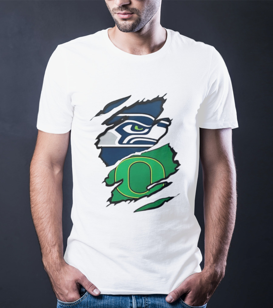 Seattle Seahawks Oregon Ducks Ripped Skin Effect NFL College Team Spirit T-Shirt