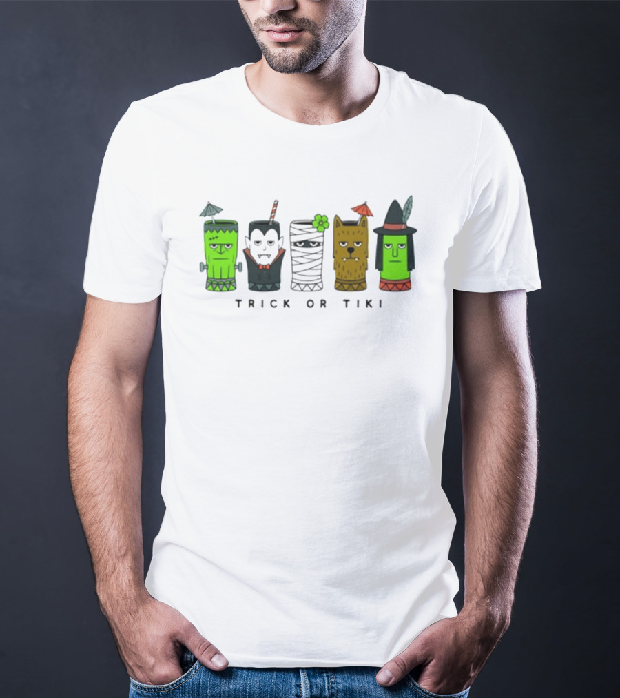 Trick Or Tiki Frankenstein Vampire Mummy Werewolf Witch Halloween T-Shirt