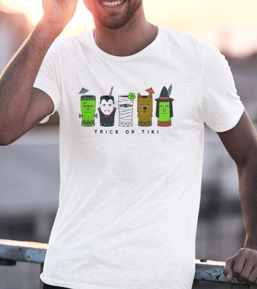 Trick Or Tiki Frankenstein Vampire Mummy Werewolf Witch Halloween T-Shirt