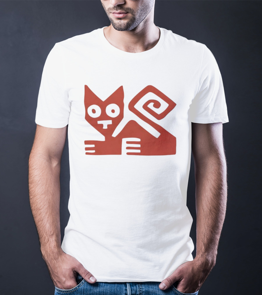 Peruvian Cat Nazca Lines Style Geometric Red T-Shirt