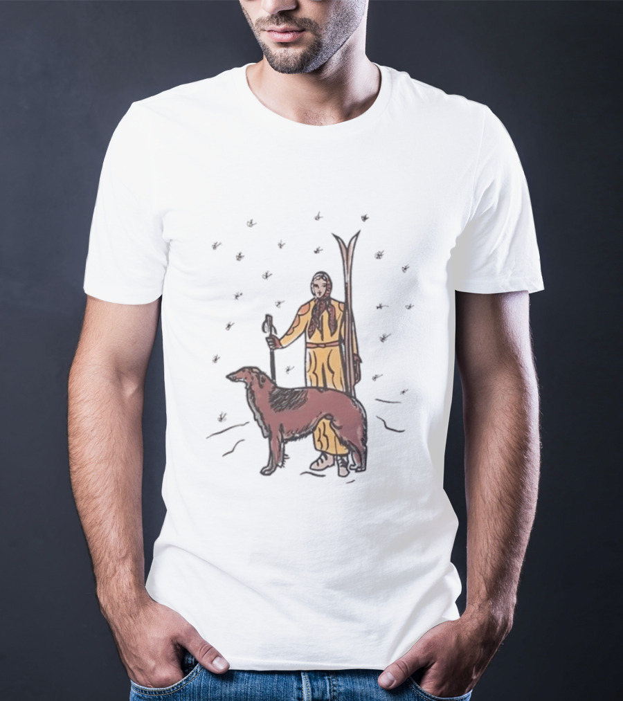Woman Skiing With Borzoi Dog In Winter Sports Scene T-Shirt