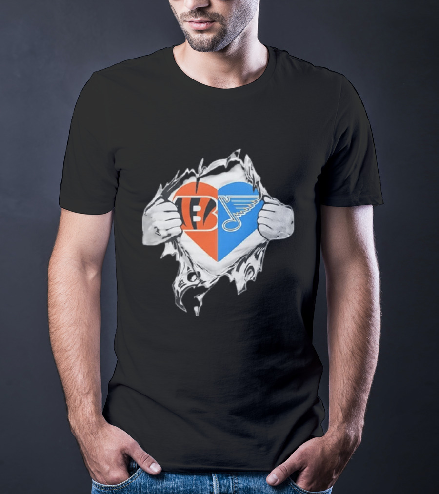 Bengals Blues Tattered Heart Shape Split Symbol With Hands T-Shirt