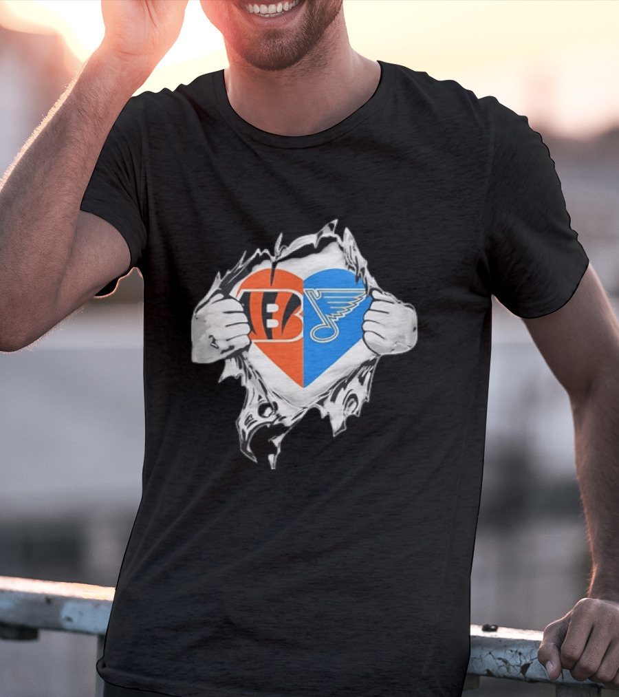 Bengals Blues Tattered Heart Shape Split Symbol With Hands T-Shirt