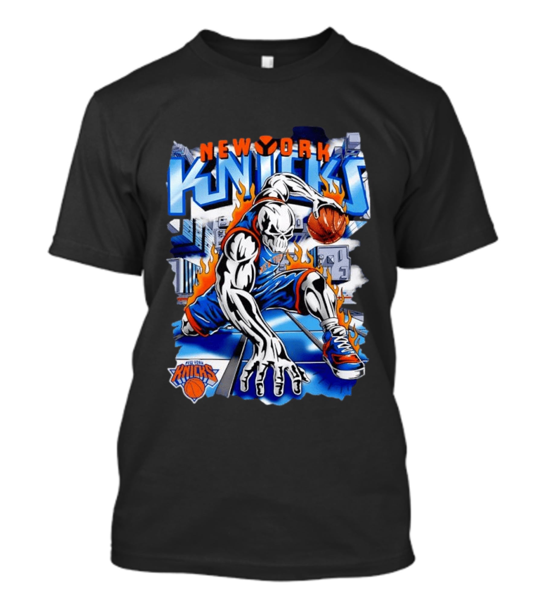 New York Knicks NBA Basketball Skull Player And City Flames T-Shirt