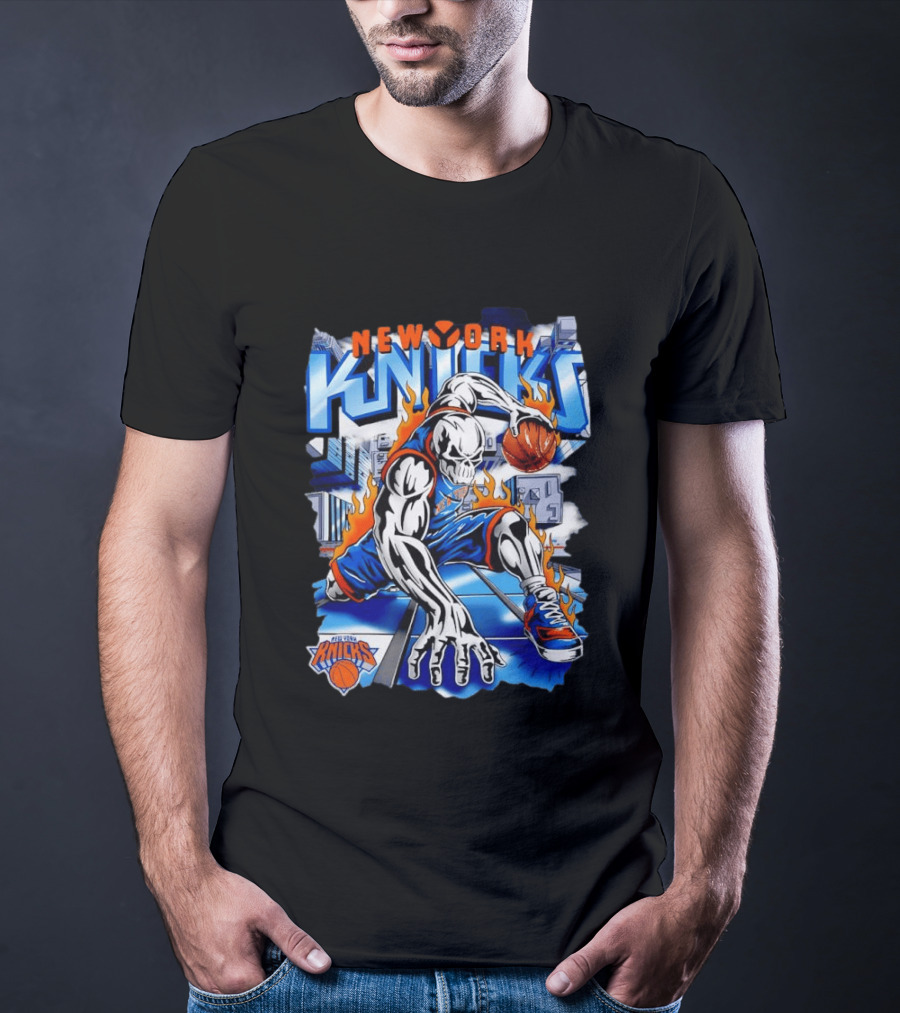 New York Knicks NBA Basketball Skull Player And City Flames T-Shirt