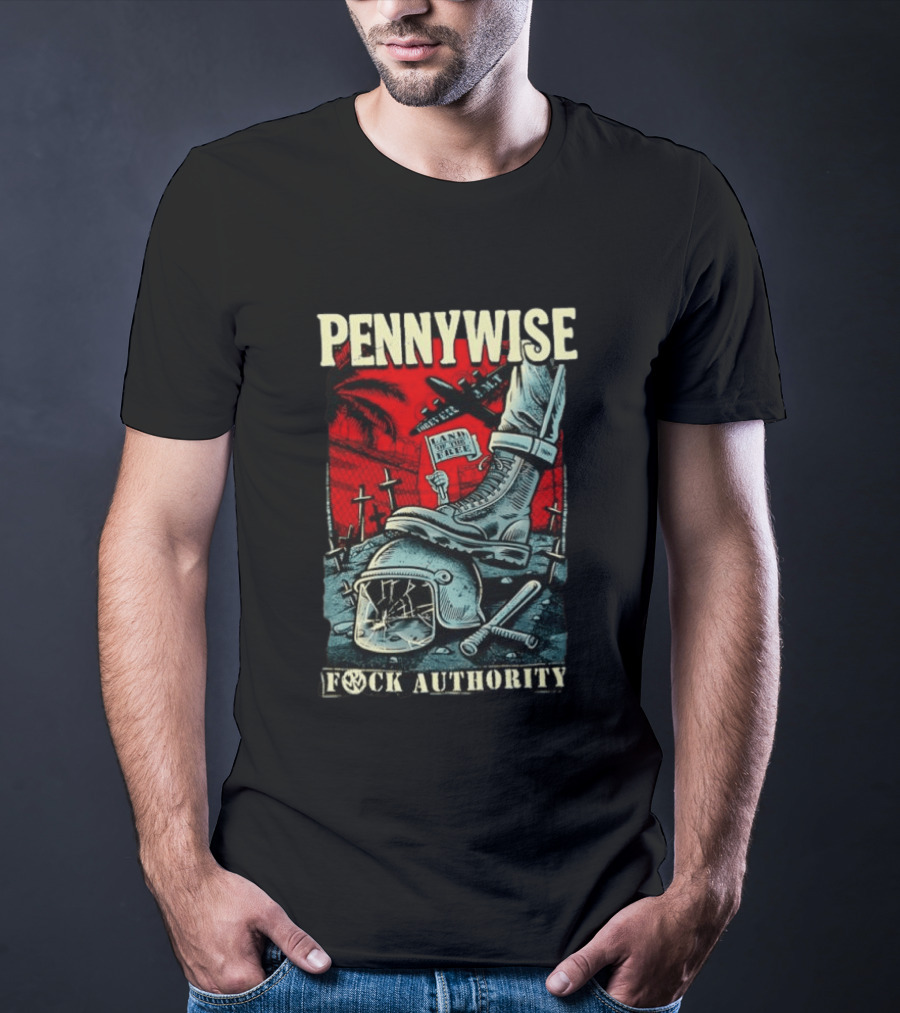 Pennywise Fock Authority Land Of The Free Forever Dystopian Punk Imagery With Boot And Helmet T-Shirt