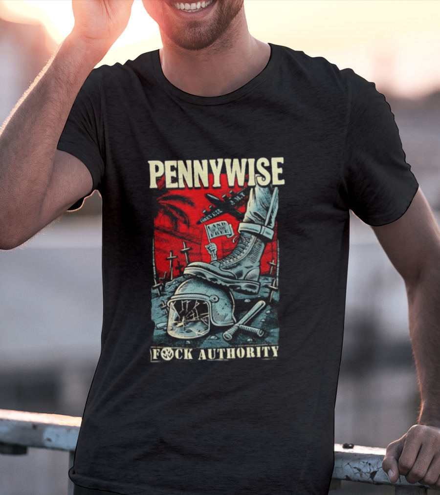 Pennywise Fock Authority Land Of The Free Forever Dystopian Punk Imagery With Boot And Helmet T-Shirt