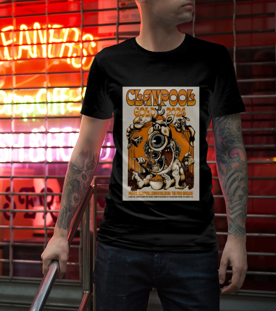 Les Claypool Gold 2026 Primus Delirium Frog Brigade June 20 Synovus Bank Amphitheater Atlanta T-Shirt