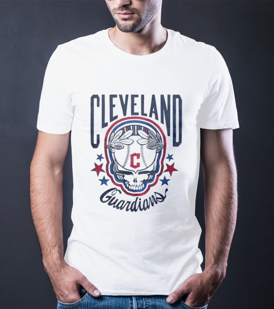 Cleveland Guardians Skull Baseball Laurel Wreath Stars T-Shirt