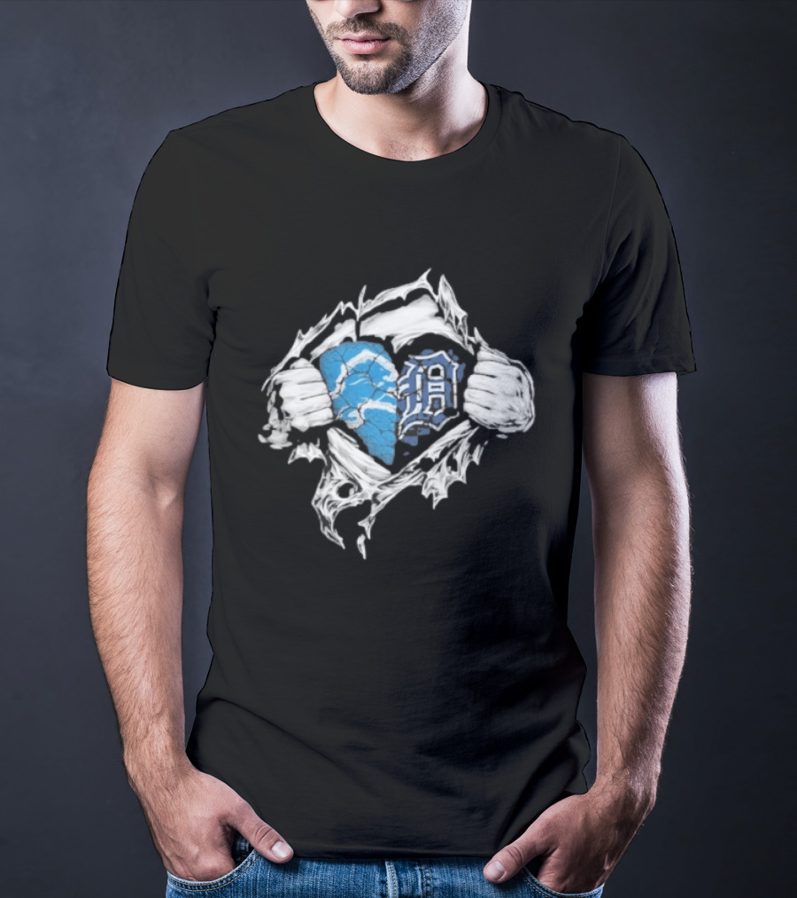 Detroit Lions Tigers Heart Ripped Design Collaboration Sports Fandom T-Shirt