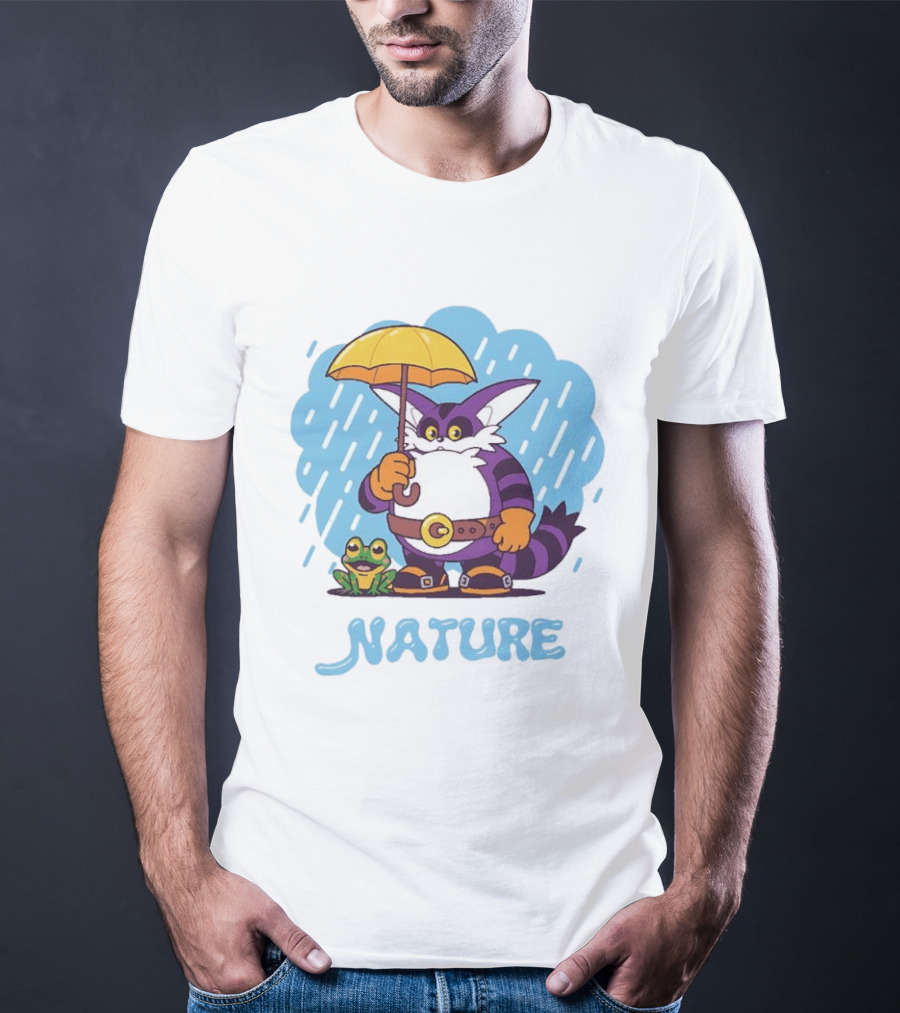Big The Cat Froggy Nature Holding Umbrella In Rain T-Shirt
