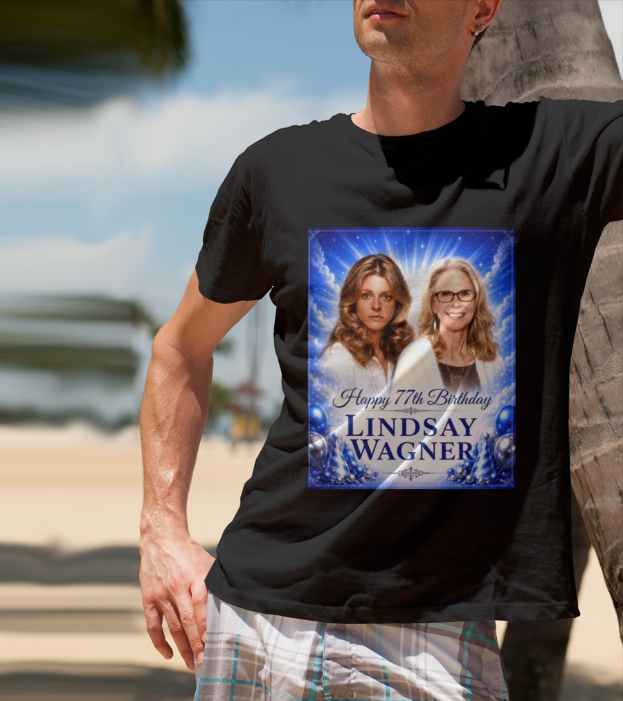 Happy 77th Birthday Celebration Lindsay Wagner Blue Party Balloons T-Shirt