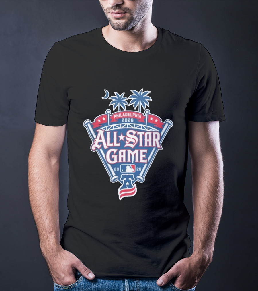 MLB All Star Game Philadelphia 2026 Palm Trees Baseball Bat Logo Night Skyline T-Shirt