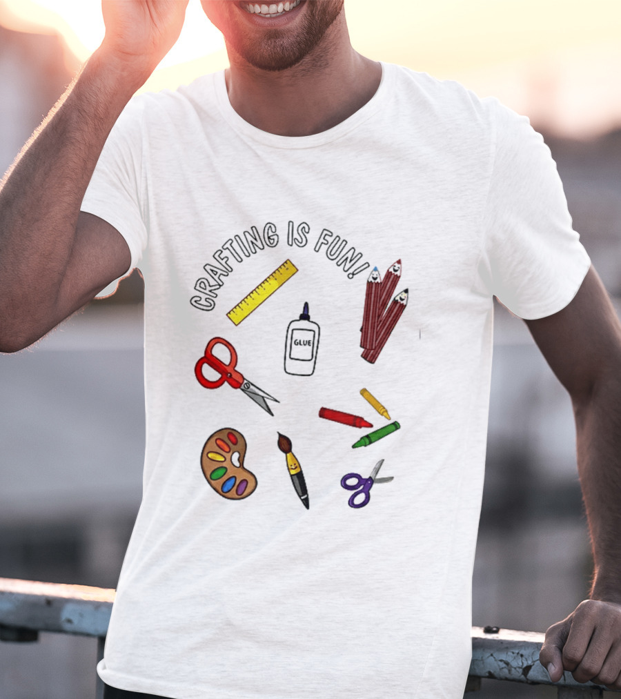 Crafting Is Fun Supplies Scissors Glue Paintbrush Crayons Palette Ruler T-Shirt
