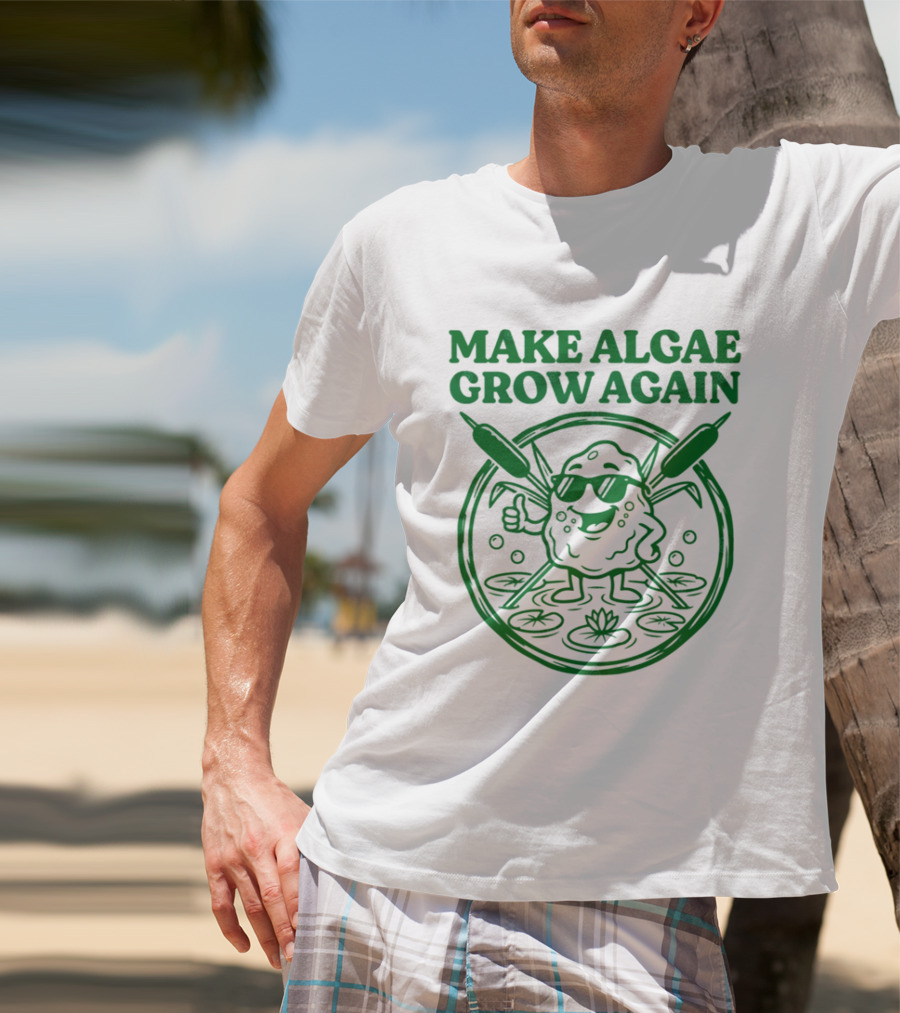 MAKE ALGAE GROW AGAIN Cartoon Thumbs Up With Sunglasses And Cattails Circular Frame T-Shirt