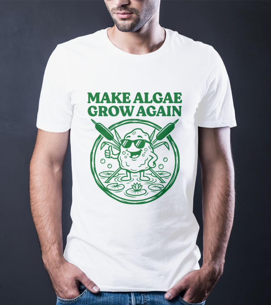 MAKE ALGAE GROW AGAIN Cartoon Thumbs Up With Sunglasses And Cattails Circular Frame T-Shirt