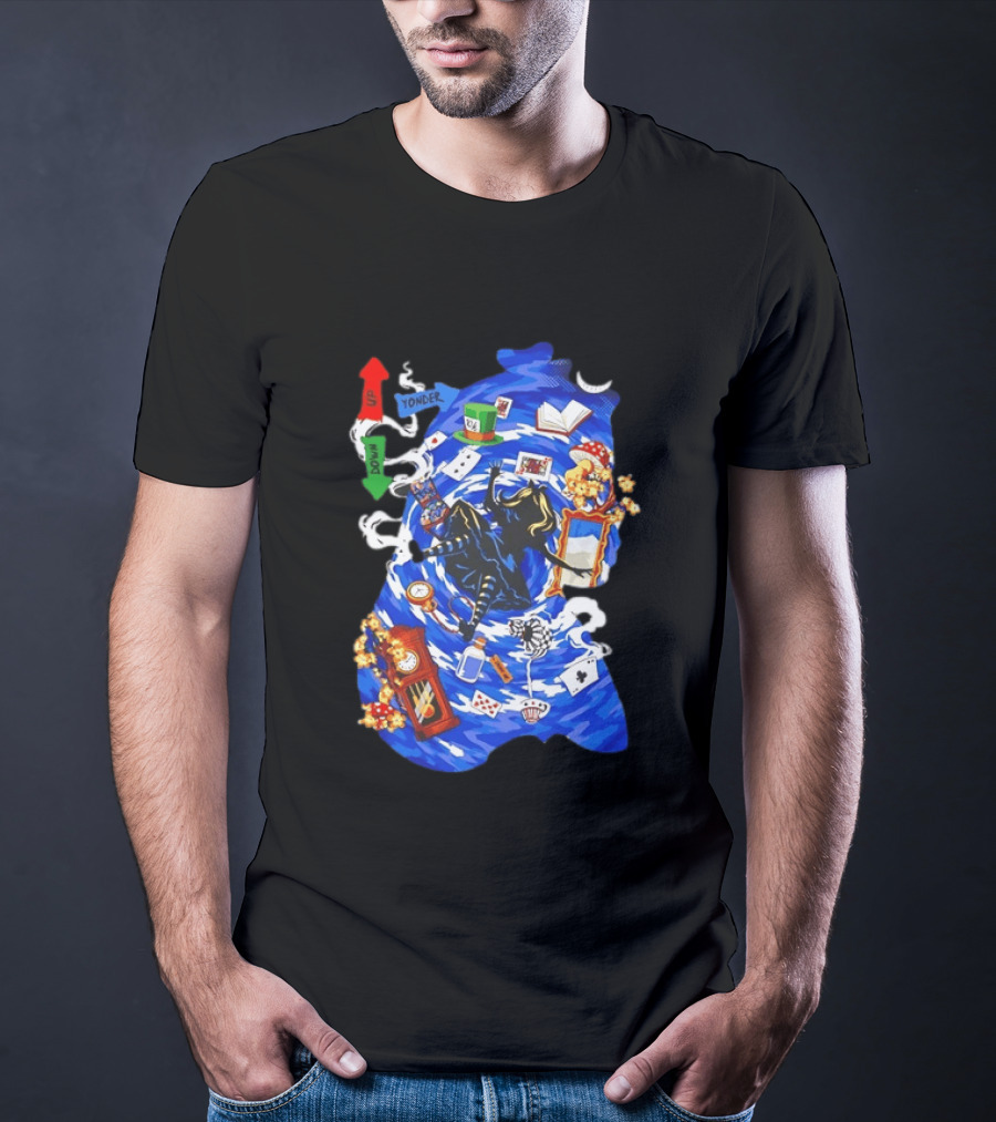 Alice In Wonderland Through The Rabbit Hole Down Yonder With Wonderland Icons And Vortex T-Shirt