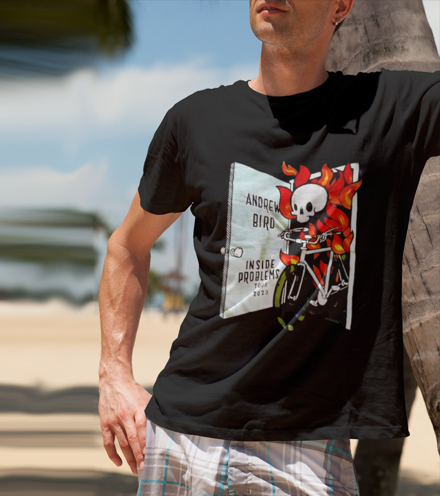 Andrew Bird Inside Problems Tour 2023 Flaming Skeleton On Bicycle T-Shirt