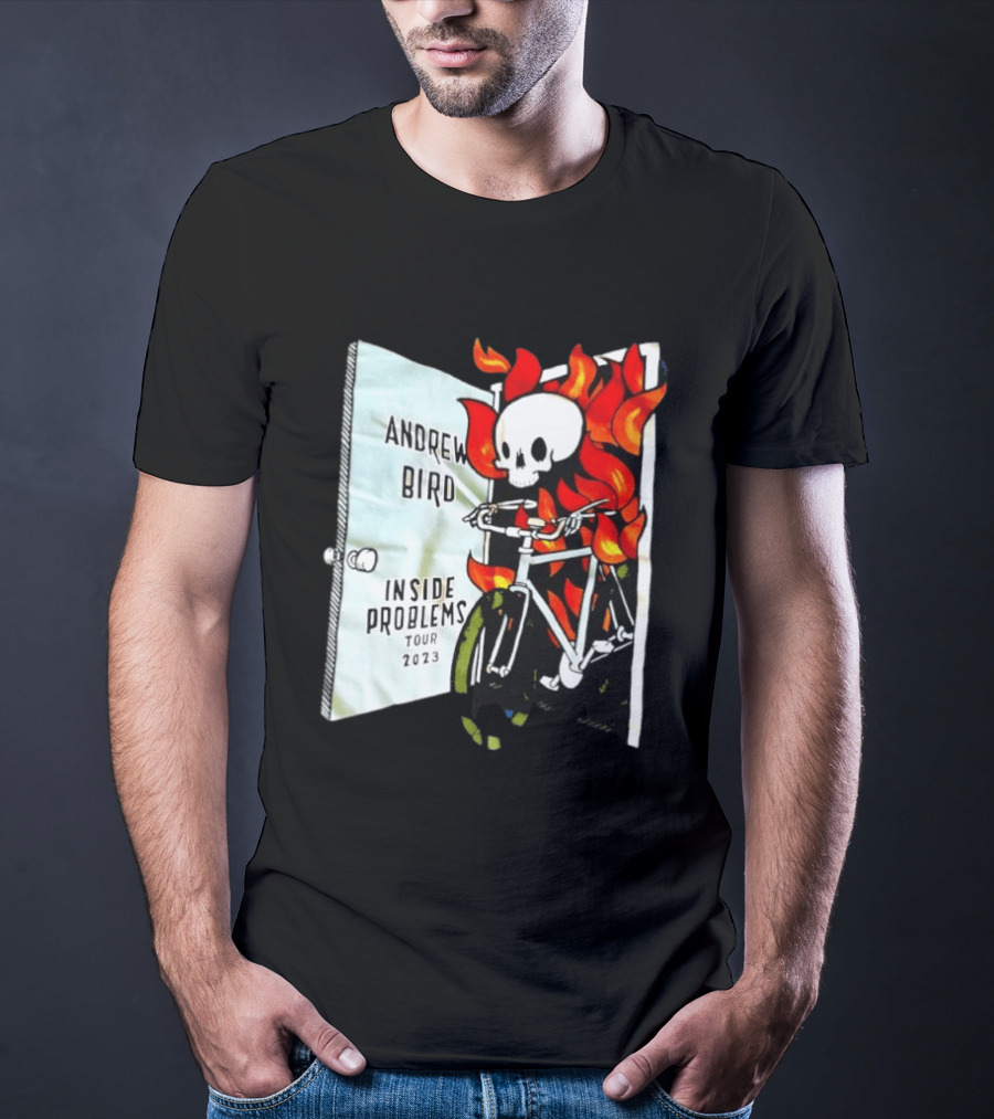 Andrew Bird Inside Problems Tour 2023 Flaming Skeleton On Bicycle T-Shirt