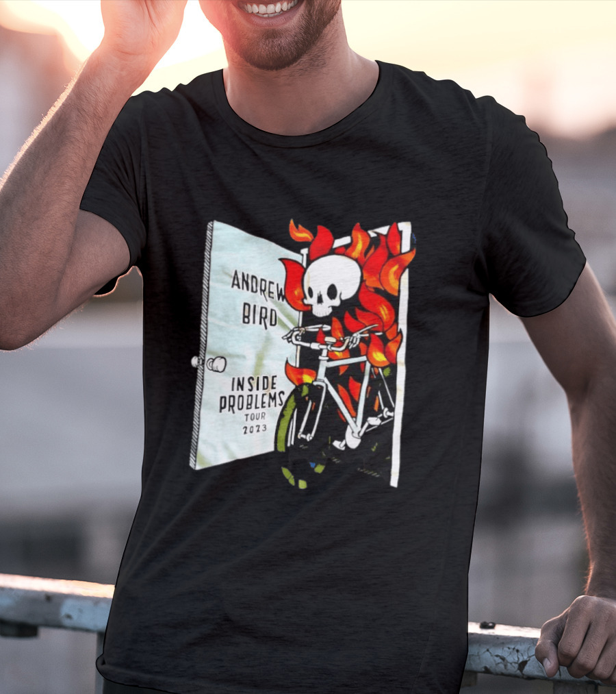 Andrew Bird Inside Problems Tour 2023 Flaming Skeleton On Bicycle T-Shirt