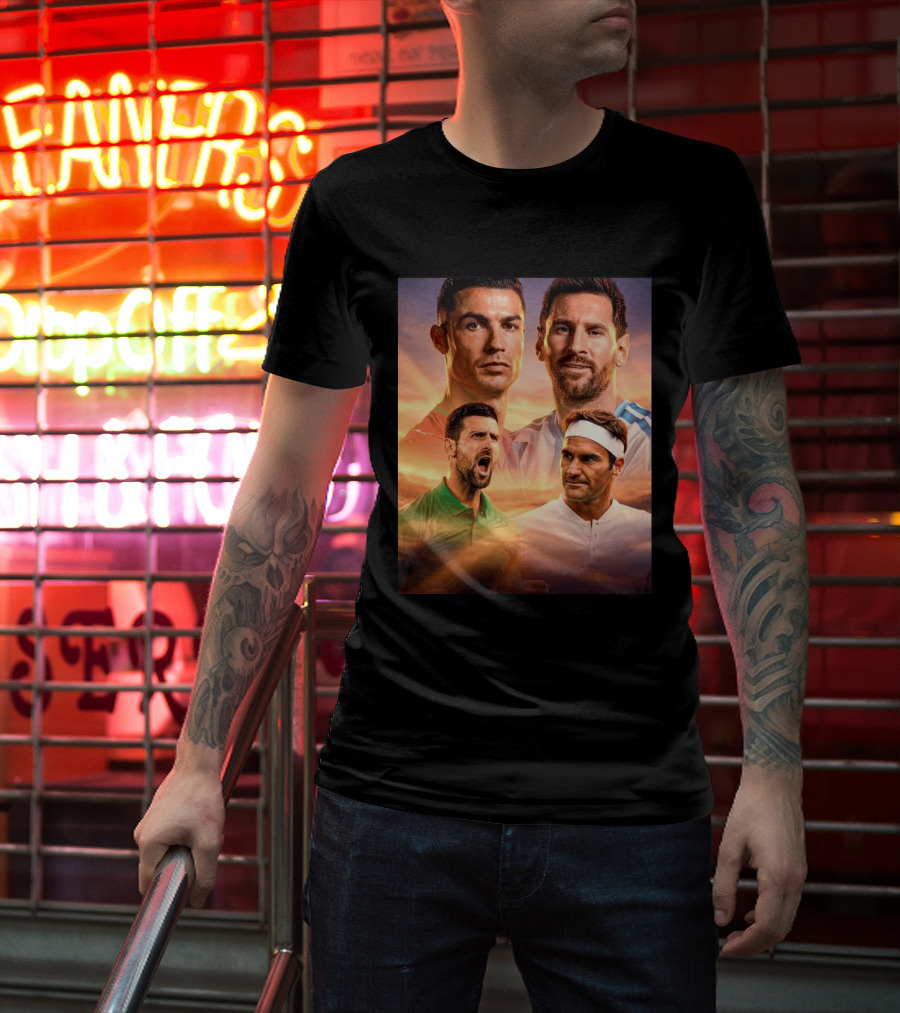 Cristiano Ronaldo Lionel Messi Novak Djokovic Roger Federer GOAT Sports Legends Celebrating Iconic Athletes T-Shirt