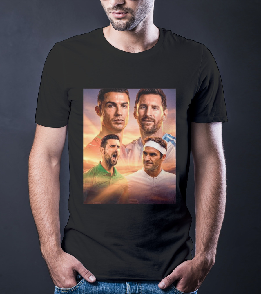 Cristiano Ronaldo Lionel Messi Novak Djokovic Roger Federer GOAT Sports Legends Celebrating Iconic Athletes T-Shirt