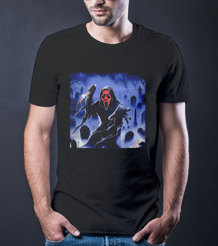 Ghostface Scream Devil Mask With Knife In Cemetery T-Shirt
