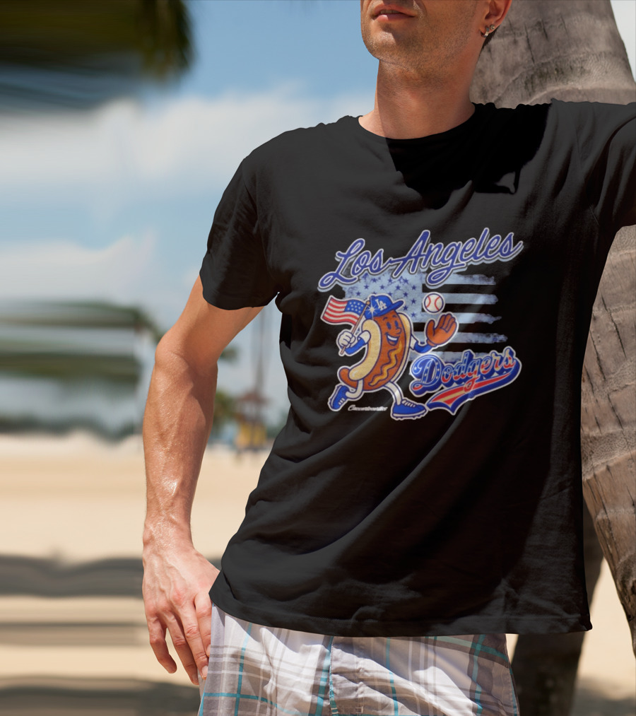 Los Angeles Dodgers Hot Dog Baseball American Flag Stars T-Shirt