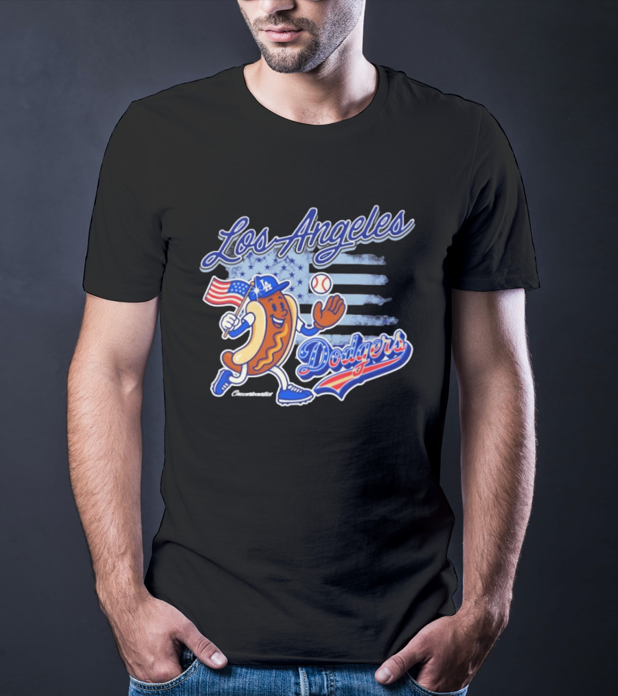 Los Angeles Dodgers Hot Dog Baseball American Flag Stars T-Shirt