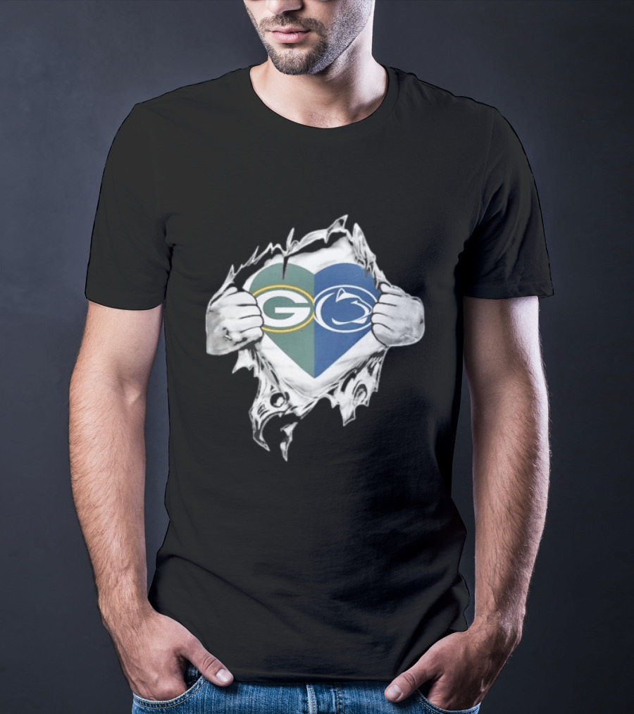 Packers Penn State Heart Icon Featuring Green Bay And Nittany Lions Logos T-Shirt